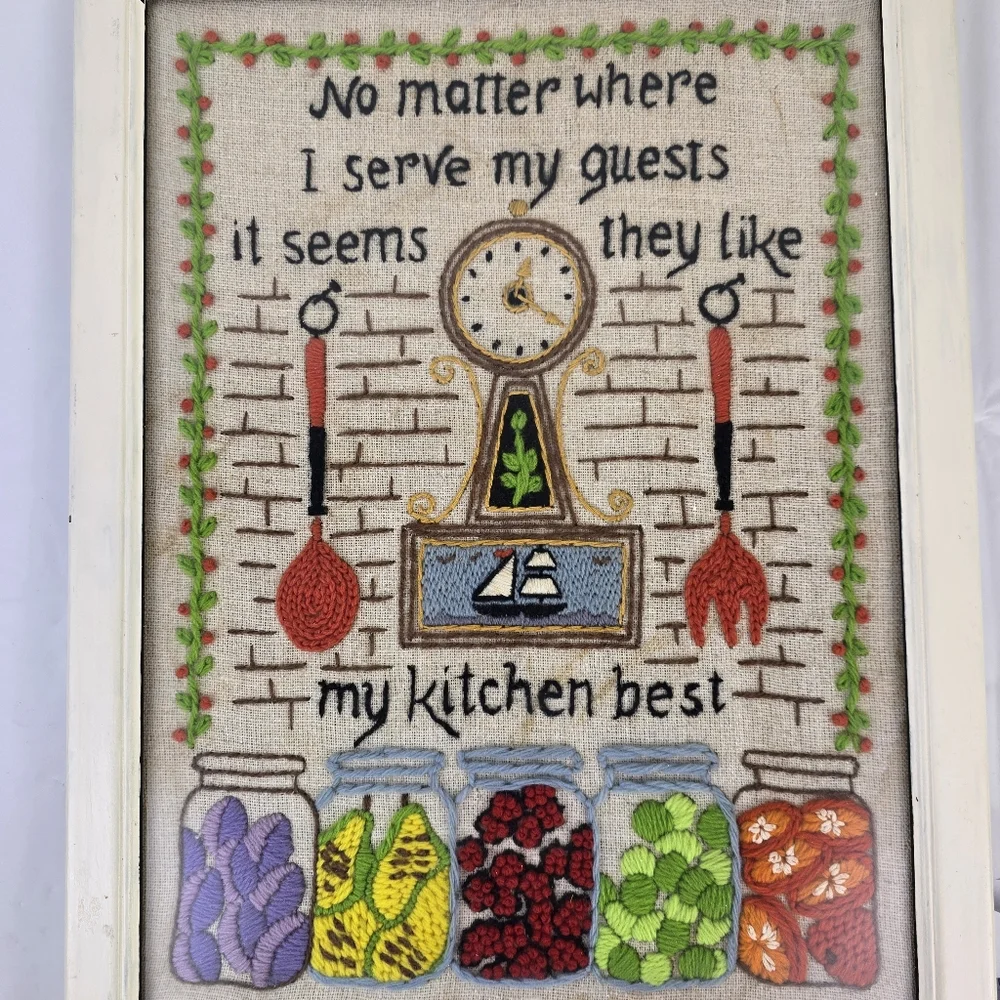Vintage Framed Crewel Wall Art Kitchen Retro Cottage Farmhouse - Picture 6 of 10